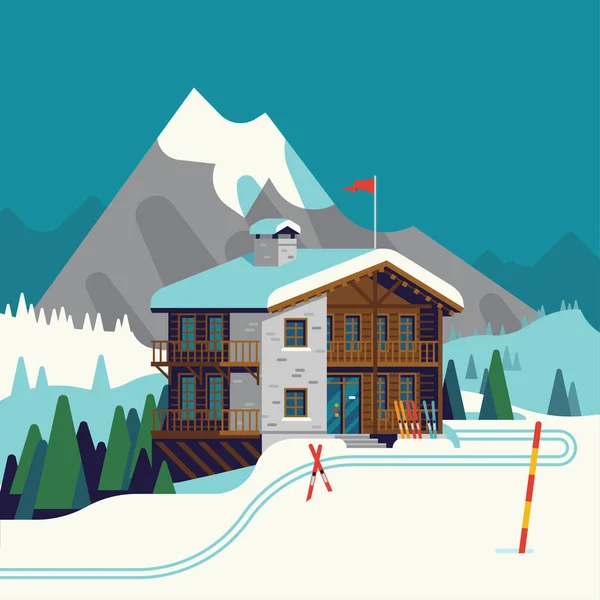 ロッジ トウヒの木やスキートラックとクールなベクトルスキーリゾート山の詳細な風景 冬のスポーツ休暇の目的地の概念の背景 — ストックベクタ