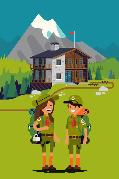 Hochwertiges Vektorkonzept Auf Bergcamping Für Kinder Mit Holzhütte Inmitten Von — Stockvektor