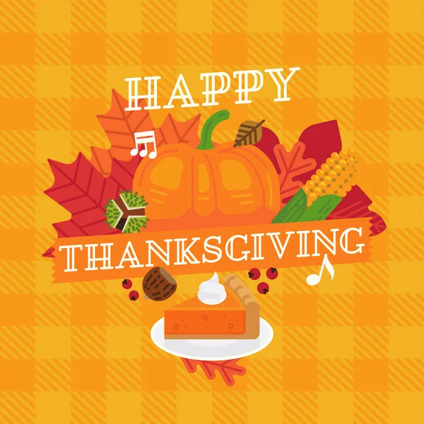 快乐的感恩节矢量海报 传单或横幅模板 上面有五颜六色的叶子 栗子和方块桌布背景 — 图库矢量图片