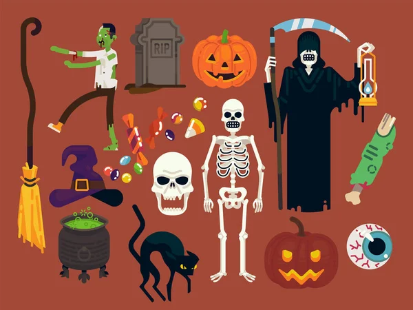 Conjunto Artículos Halloween Vectorial Alta Calidad Con Zombie Parca Esqueleto — Vector de stock