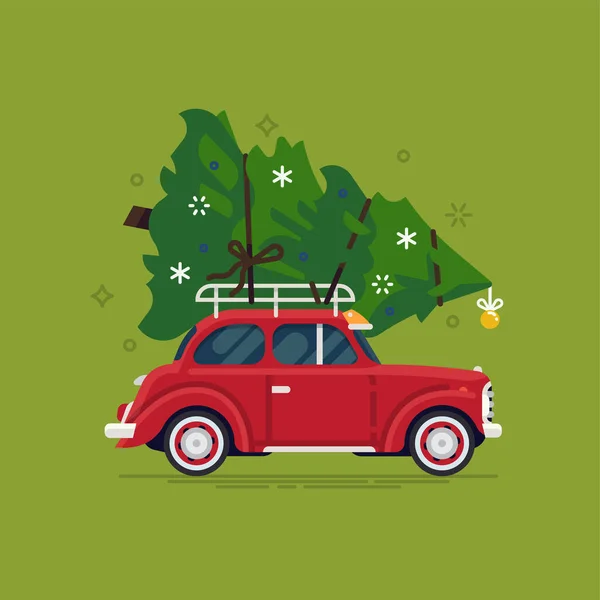 Precioso Diseño Vector Plano Víspera Navidad Con Poco Clásico Coche Ilustraciones de stock libres de derechos