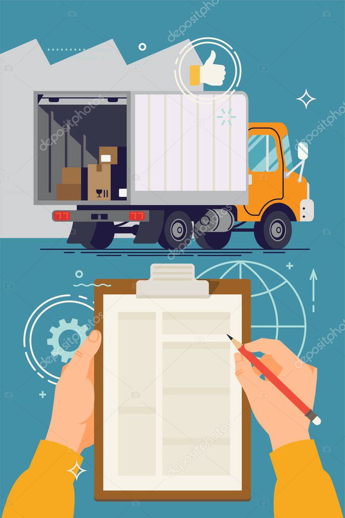 Storage, logistics, local delivery service company vector concept design with small cargo truck with opened tailgate with boxes inside and employee hands holding clipboard with abstract shipping form
