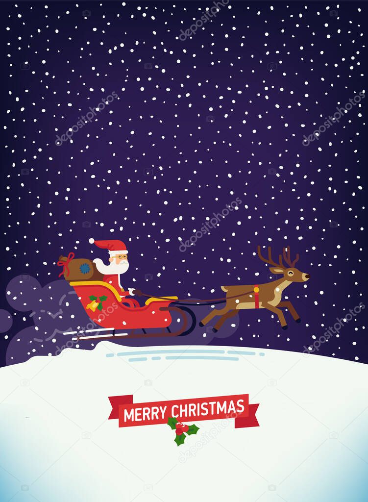 Cool Xmas snowy background with space for text. Poster vector template with Santa Claus riding fast in red sleigh pulled by deer carrying gift sack. Ideal for winter holidays web and graphic design