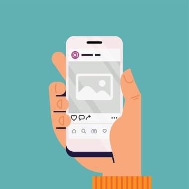 Ekranda soyut sosyal ağ uygulama arayüzü olan el ele tutuşan mobil cihaz. Fotoğraf paylaşım uygulaması kullanıcı konsepti illüstrasyonu