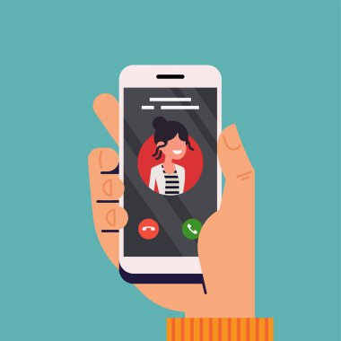 Incoming call concept vector illustration with hand holding mobile phone with caller ID on screen and accept or decline buttons  clipart