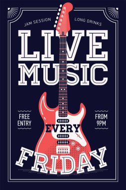 Cool 'Live Music every Friday' vektör poster şablonu tıknaz harfler ve elektro rock gitarla. Kulüplerde, barlarda, barlarda ve halka açık yerlerde basılabilir konser promosyonu için ideal