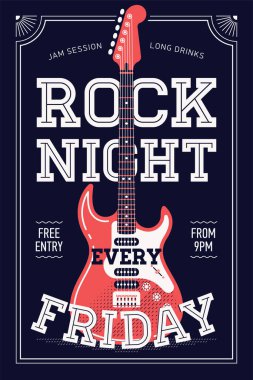 Havalı 'Rock Night every Friday' vektör poster şablonu, kalın harfli ve elektro rock gitarlı. Kulüplerde, barlarda, barlarda ve halka açık yerlerde basılabilir konser promosyonu için ideal