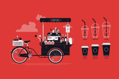 Cool vector coffee bicycle cart and different sizes takeaway cups for cold and hot coffee based beverages clipart