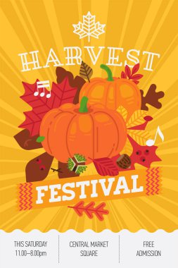 Hasat Festivali konsepti. Renkli yapraklar, balkabakları, kestaneler ve örnek metin içeren sonbahar veya sonbahar halk etkinliği afiş, ilan veya afiş şablonu