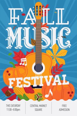 Sonbahar Müzik Festivali afiş, afiş ya da broşür afişi. Sonbahar gitar müzik konseri