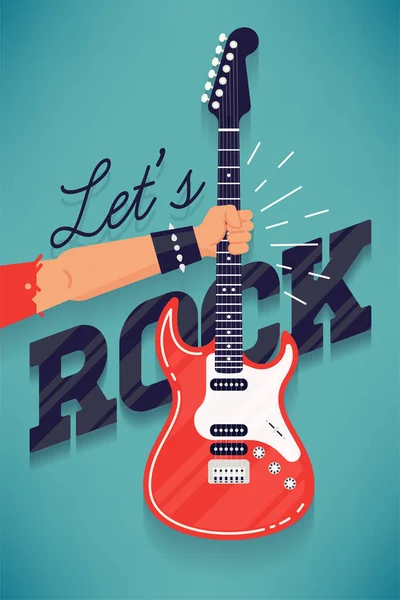 Cool Concepto Vectorial Let Rock Con Mano Del Guitarrista Sosteniendo — Vector de stock