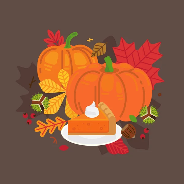 扁平设计的秋季或秋季矢量背景 盘上有南瓜 五彩斑斓的叶子 栗子和南瓜派片 — 图库矢量图片