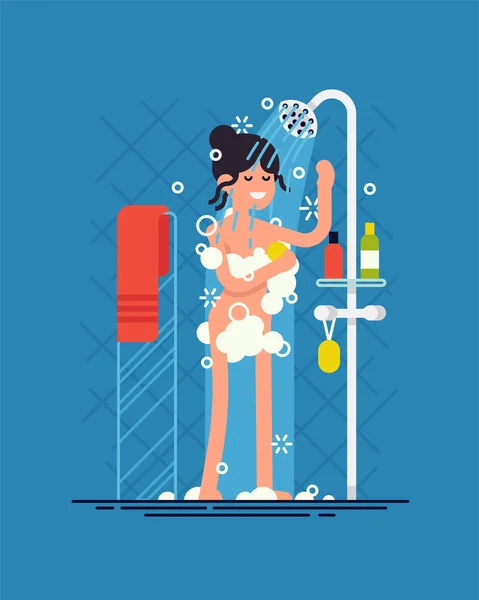 Woman Taking Shower Cool Vector Flat Design Illustration Daily Routine — Stock Vector