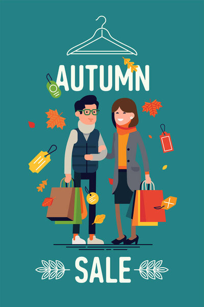 Осенняя распродажа концепция макета с покупками пара в теплой одежде, плоский дизайн, вектор. Идеально подходит для осеннего сезона тематический рекламный дизайн. Мужчина и женщина в одежде холодного сезона держат сумки для покупок