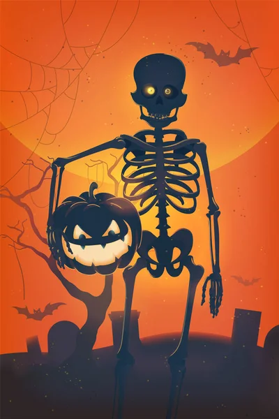 Cool Vector Fondo Halloween Con Espeluznante Esqueleto Carácter Celebración Iluminado — Archivo Imágenes Vectoriales