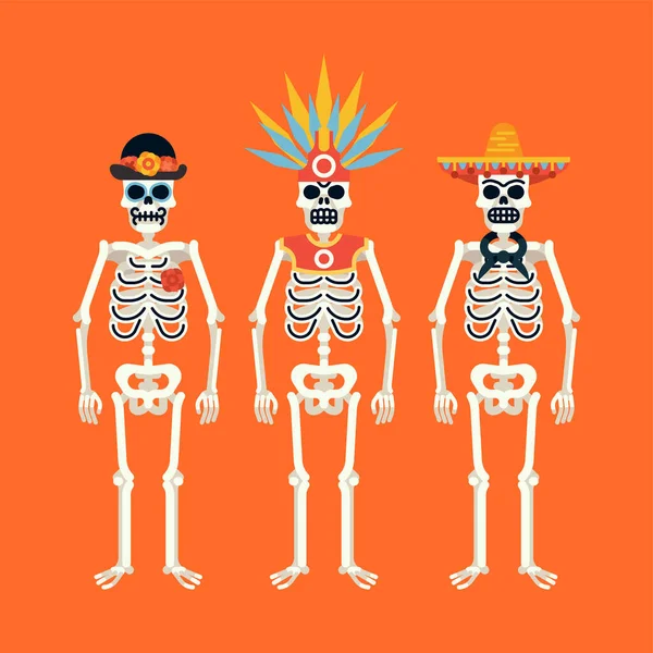 Zestaw Szkieletów Noszących Różne Nakrycia Głowy Idealny Meksykańskiego Projektu Graficznego — Wektor stockowy