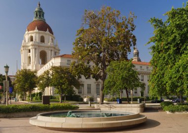 A view of the iconic Pasadena City Hall in Los Angeles County. This building is listed in the National Register of Historic Places. clipart