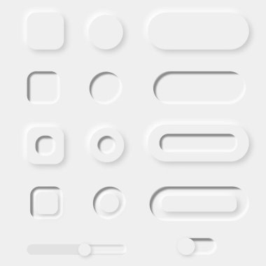 Üç boyutlu beyaz düğme seti. Neomorfizm tasarım tarzı. Başvuru ve web sitesi düğmeleri. 3 Boyutlu Düğmeler.