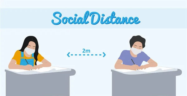 Social distance in exam hall concept illustration. Students wearing face mask maintaining social distance in class.