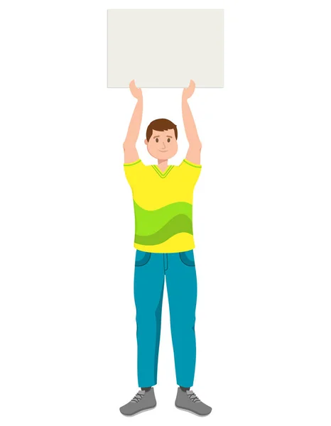 Man Holding Blank Banner Male Character Cartoon Style — Stock Vector