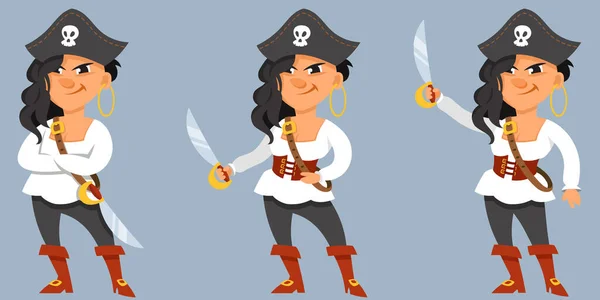 Pirata Diferentes Poses Personaje Estilo Dibujos Animados — Vector de stock