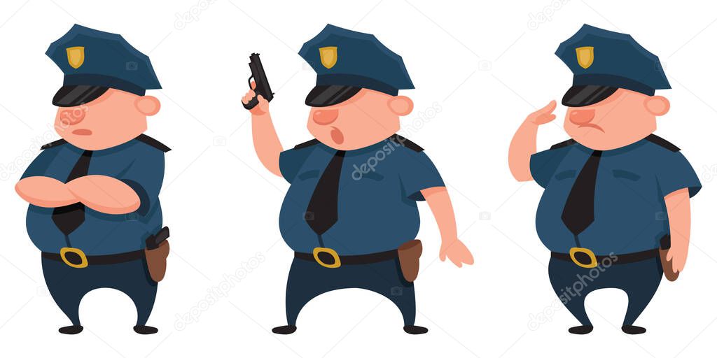 Policeman in different poses. Male character in cartoon style.