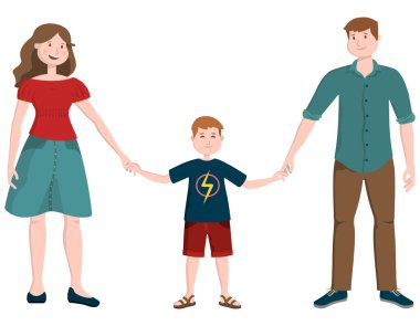 Çizgi film tarzında mutlu bir aile. Anne, baba ve oğul el ele tutuşuyorlar..