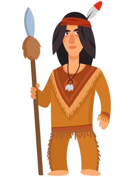 Amerikansk Indianer Med Spyd Mannlig Figur Tegnefilmstil – stockvektor