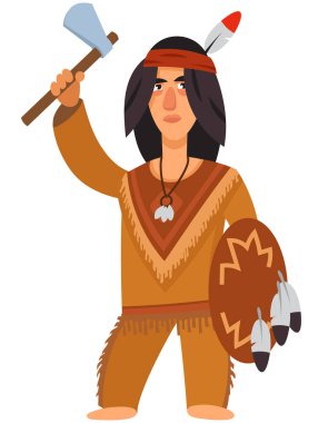 Amerikan yerlisi elinde baltayla. Çizgi film tarzında erkek karakter.