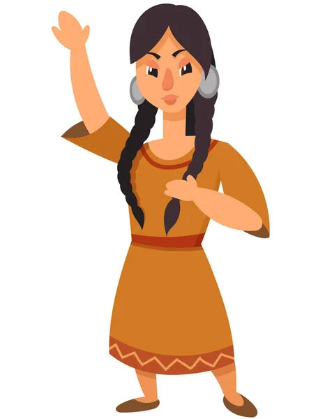 Bailando Chica Nativa Americana Personaje Femenino Estilo Dibujos Animados — Vector de stock