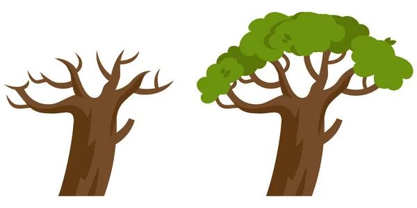 Gołe Drzewo Drzewo Zielonymi Liśćmi Roślina Stylu Kreskówki — Wektor stockowy