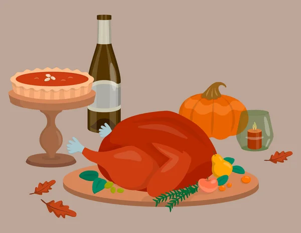 Dîner Thanksgiving Avec Dinde Four Nourriture Dans Style Dessin Animé — Image vectorielle