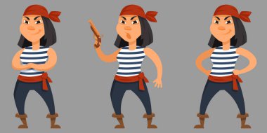 Farklı pozlarda güzel bir korsan. Çizgi film tarzında kadın karakter.