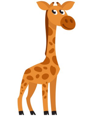 Ayakta duran bebek zürafa üç çeyrek manzara. Çizgi film tarzında Afrika hayvanı.