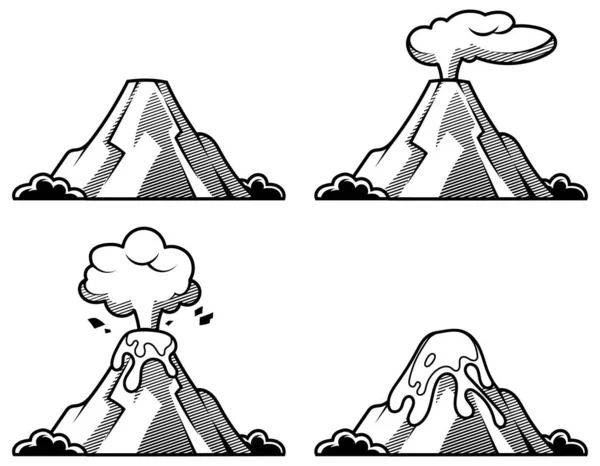Eine Reihe von Vulkanen mit unterschiedlichem Ausbruchsgrad. — Stockvektor