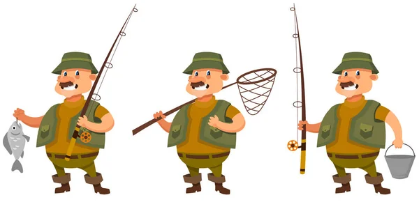 Fisherman in different poses. — Stock Vector