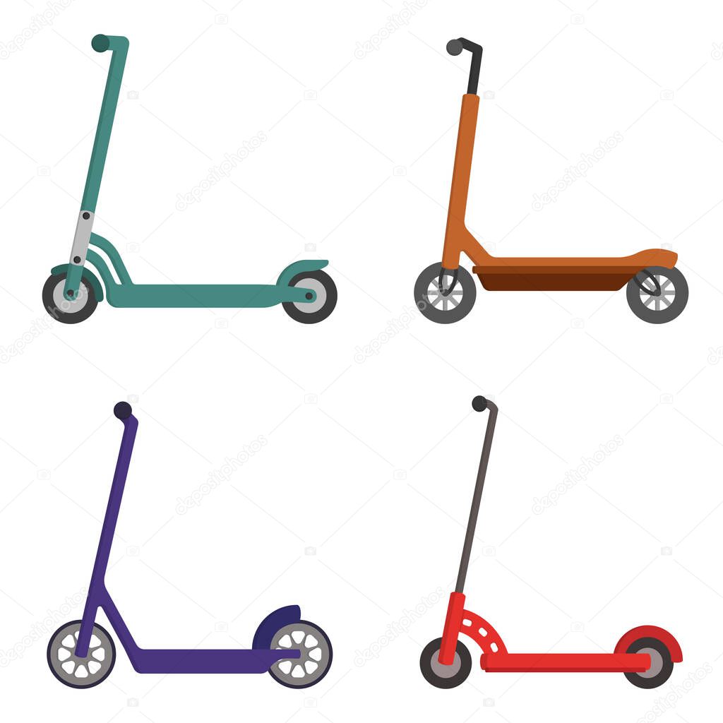 Set of different kick scooters. Alternative city transports in cartoon style.