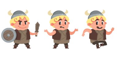 Farklı pozlarda bebek viking. Çizgi film tarzında sevimli bir karakter..