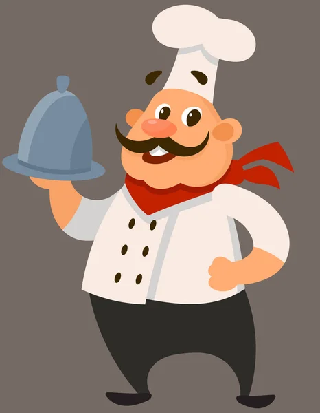 Chef Con Mano Piatto Delizioso Personaggio Maschile Stile Cartone Animato — Vettoriale Stock