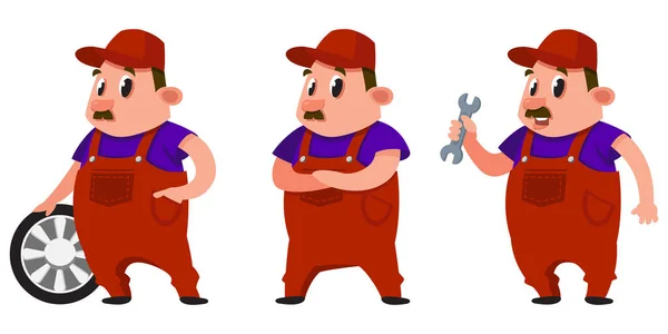 Mecánico Automático Diferentes Posturas Personaje Masculino Estilo Dibujos Animados — Vector de stock