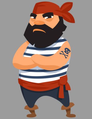 Kollarını kavuşturmuş bir erkek korsan. Çizgi film tarzında ciddi karakter.