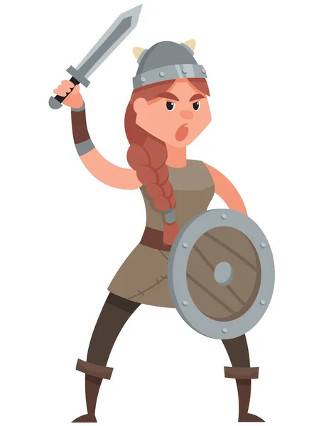 Female Viking Holding Sword Shield Serious Character Cartoon Style — Stock Vector