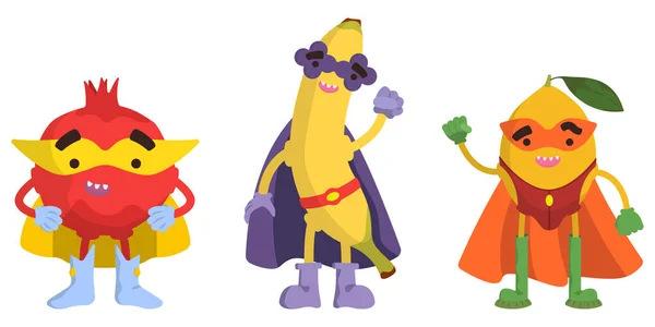 Set Superhero Fruits Pomegranate Banana Lemon Cartoon Style — Stock Vector