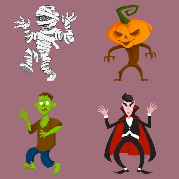Set Monster Dalam Pose Mengintimidasi Karakter Halloween Dalam Gaya Kartun - Stok Vektor