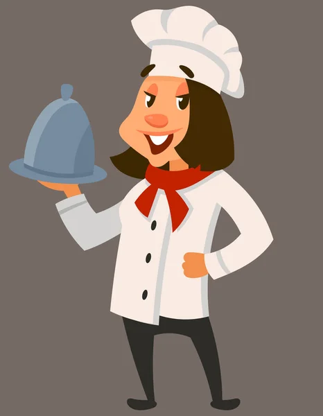 Cuoca Che Tiene Mano Piatto Delizioso Personaggio Sorridente Stile Cartone — Vettoriale Stock