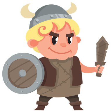 Oyuncak kılıç ve kalkan tutan bebek Viking.