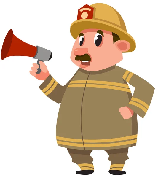 Pompiere Che Parla Megafono Personaggio Maschile Stile Cartone Animato — Vettoriale Stock