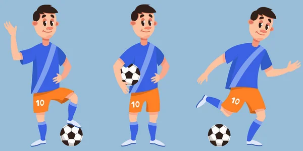 Futbolista Diferentes Poses Personaje Masculino Estilo Dibujos Animados — Vector de stock