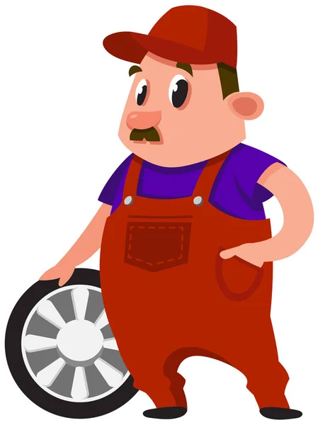 汽车机械师手轮 卡通风格的男主角 — 图库矢量图片