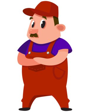  Kolları çapraz araba tamircisi. Çizgi film tarzında erkek karakter.